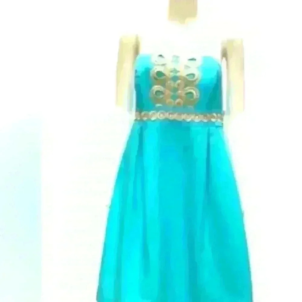 Lilly Pulitzer strapless Betsey dress aqua with gold embroidery.  Size 6